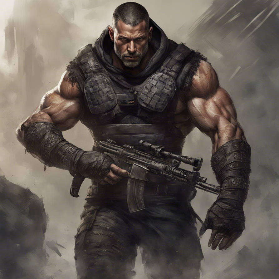 A mercenary built like a weaponbare chest slick wi