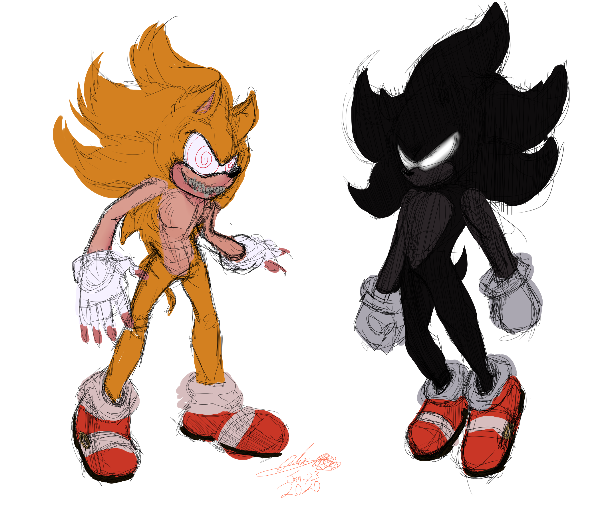 Sonic.ExE, Super Sonic, Fleetway Super Sonic and Dark Sonic. in