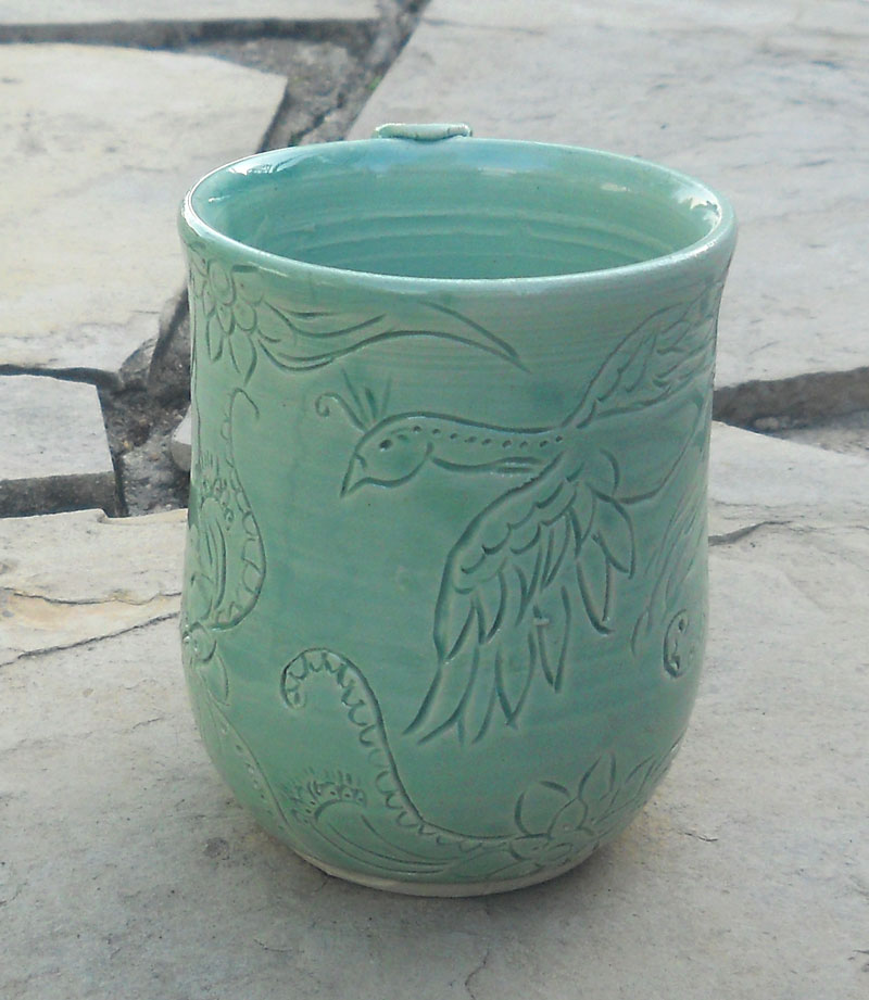 Green Carved Peacock Mug