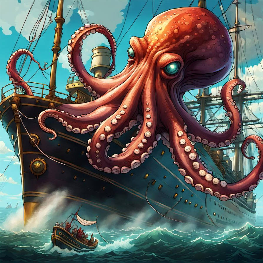 Giant #Octopus attacking steamship as crew escapes
