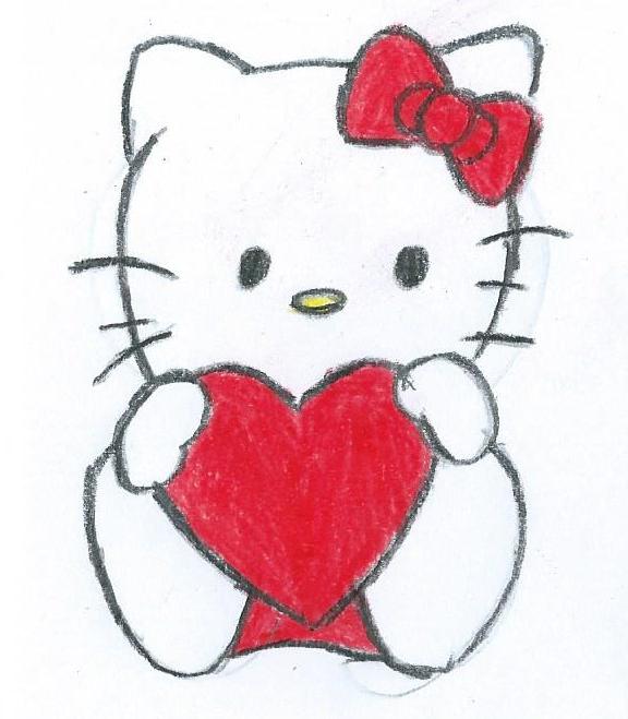 Hello Kitty drawing with love heart, How to draw Hello Kitty step by step