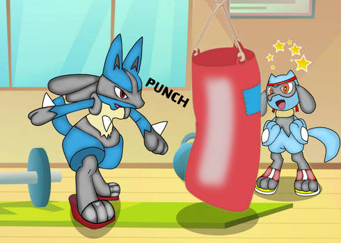 Lucario teaches Riolu how to fight