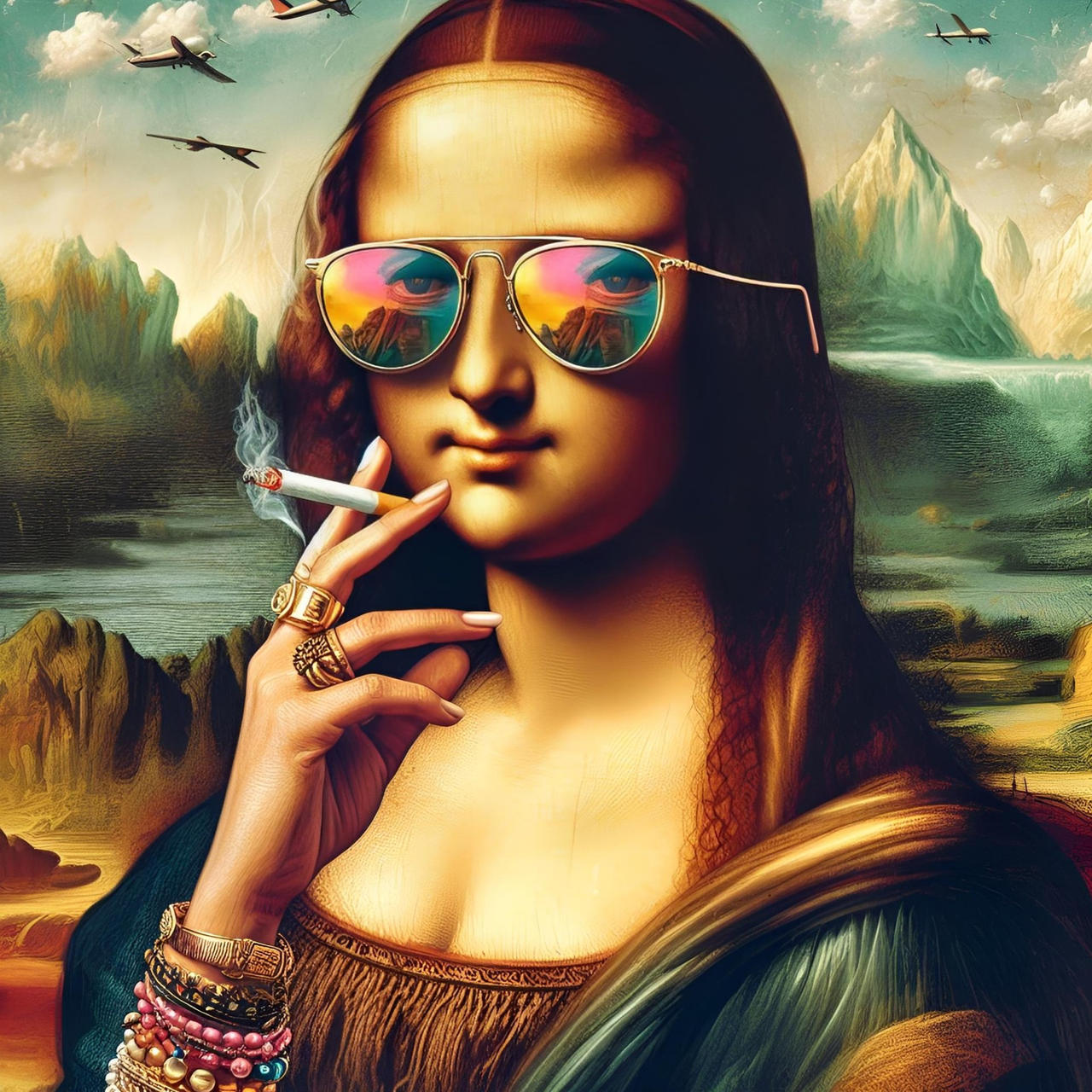 mona lisa smoking a cigarette canvas CanvasWallDecor Classical Art Gioconda Smoking Poster - Edgy