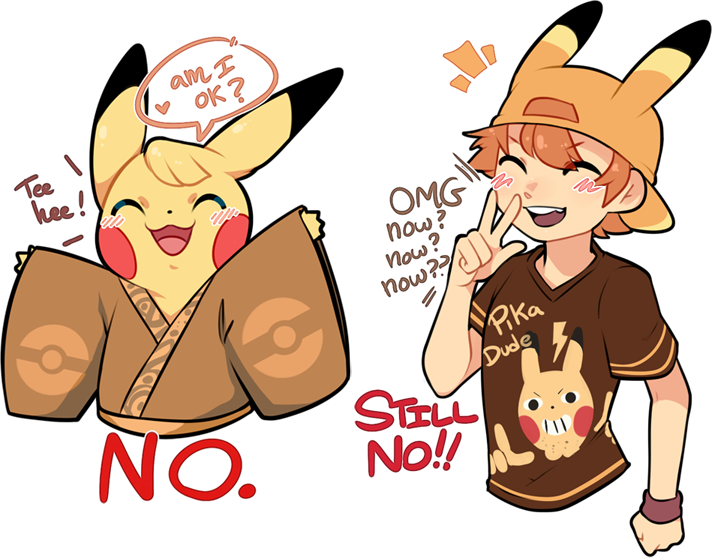 Illustrated side-by-side reference: a full Pikachu in traditional robes and a human in modern casual wear, each marked as not matching Pokimono gijinka and Edo-era inspired dress.