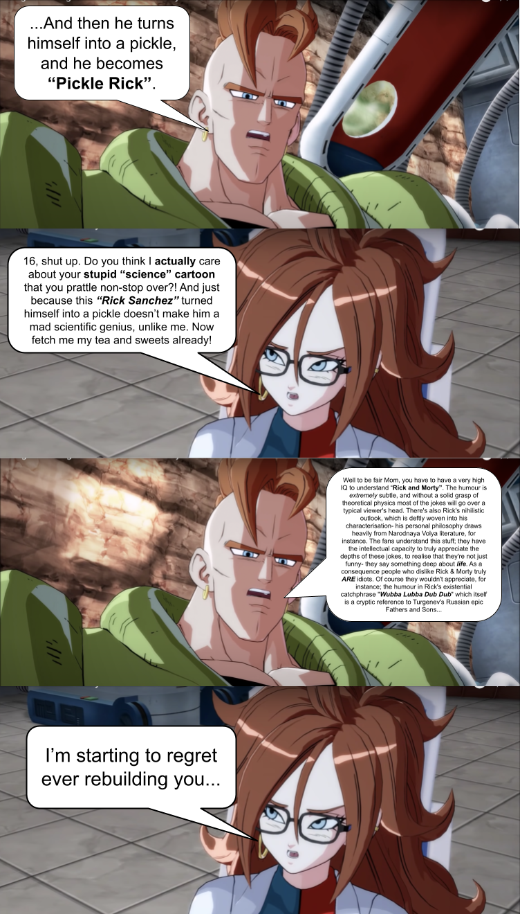 Android 21 and Android 16 discuss Rick and Morty