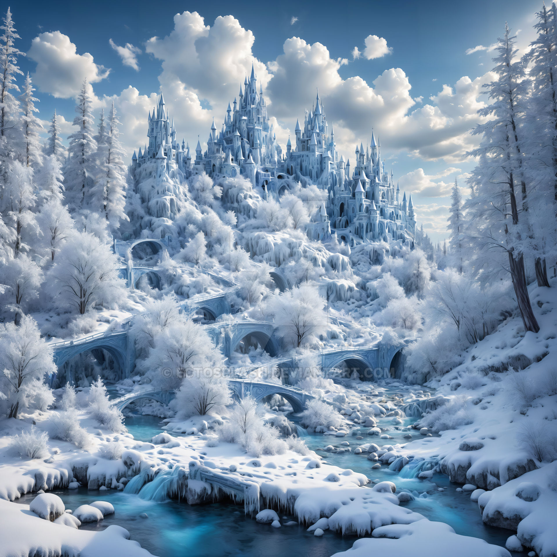 Beautiful magical winter wonderland landscape. Digital art Stock