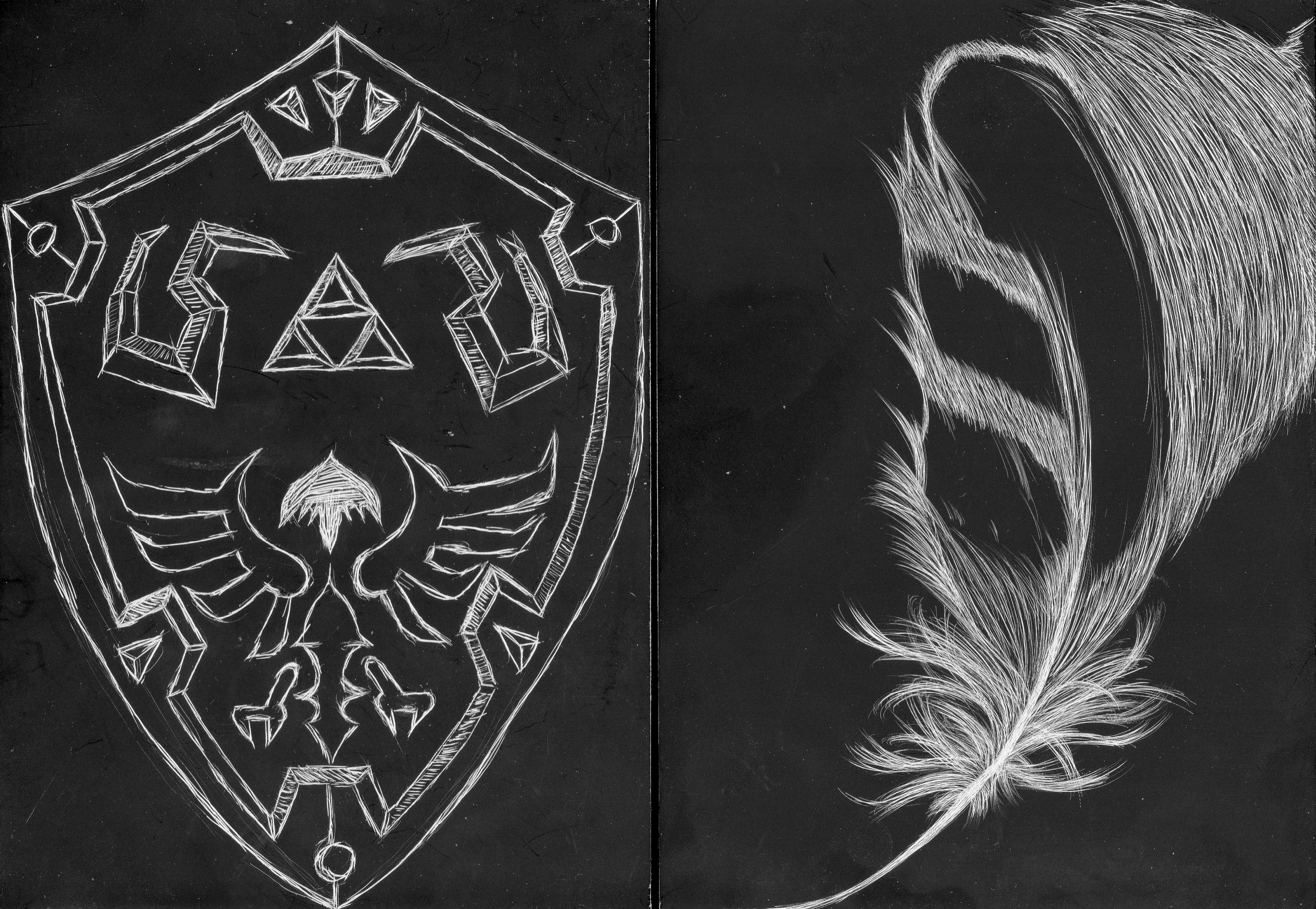 Feather and Shield on scratchboard