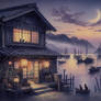 At an old Japanese fishing port as dusk falls