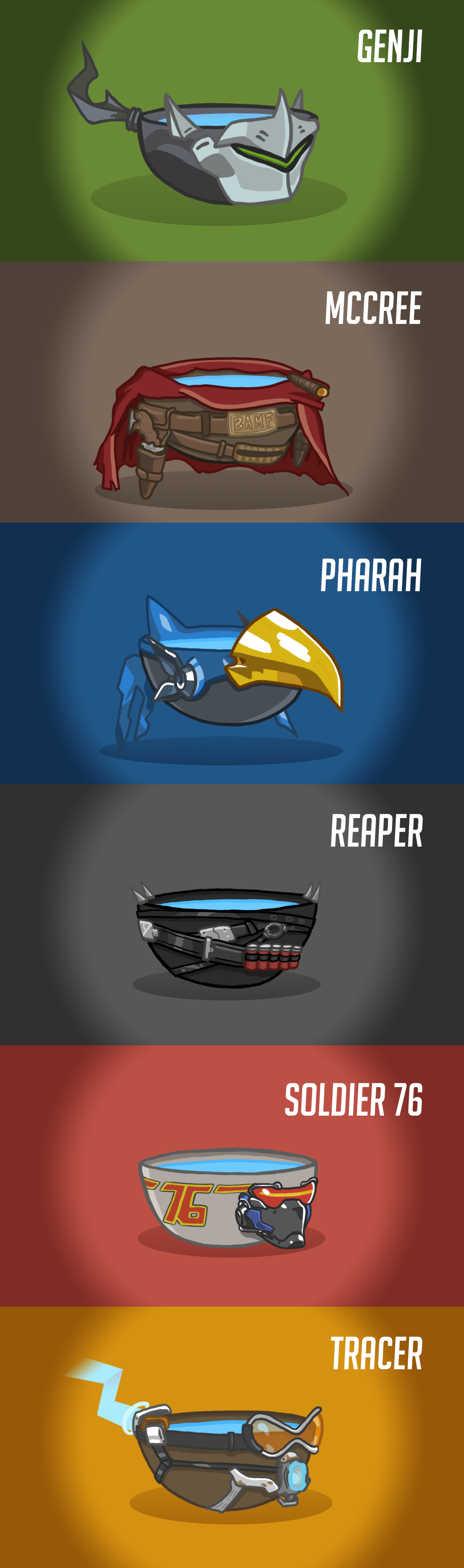 Overwatch heroes as lukewarm bowls of water