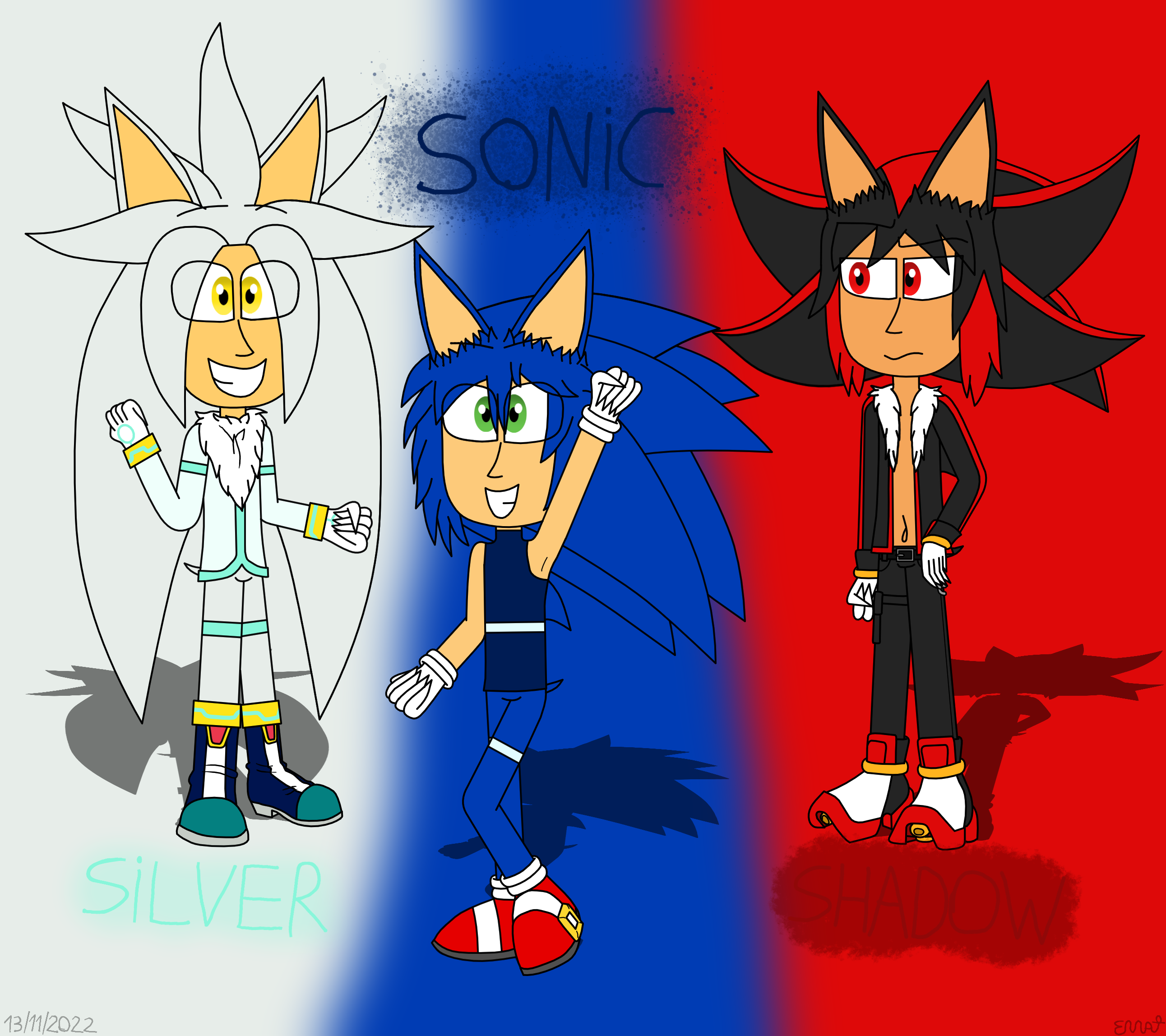 sk rokuro, shadow the hedgehog, silver the hedgehog, sonic (series),  highres, translation request, 2boys, animal ears, animal nose, arm behind  head, arm up, artist name, body fur, boots, bracelet, bush, chaos emerald