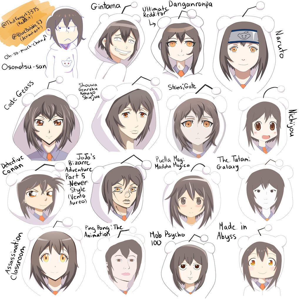 Redditchan in Different Anime Styles! by Bluvianna on DeviantArt