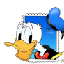 Donald Duck coming out of a stamp