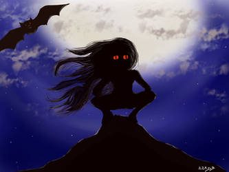 Red eyes girl with bat under a luminous moon