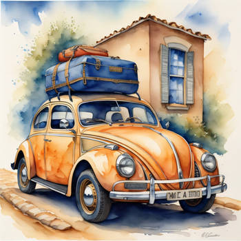 painting of a car with luggage on top of it