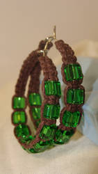 Hemp macrame hoop earrings with green glass