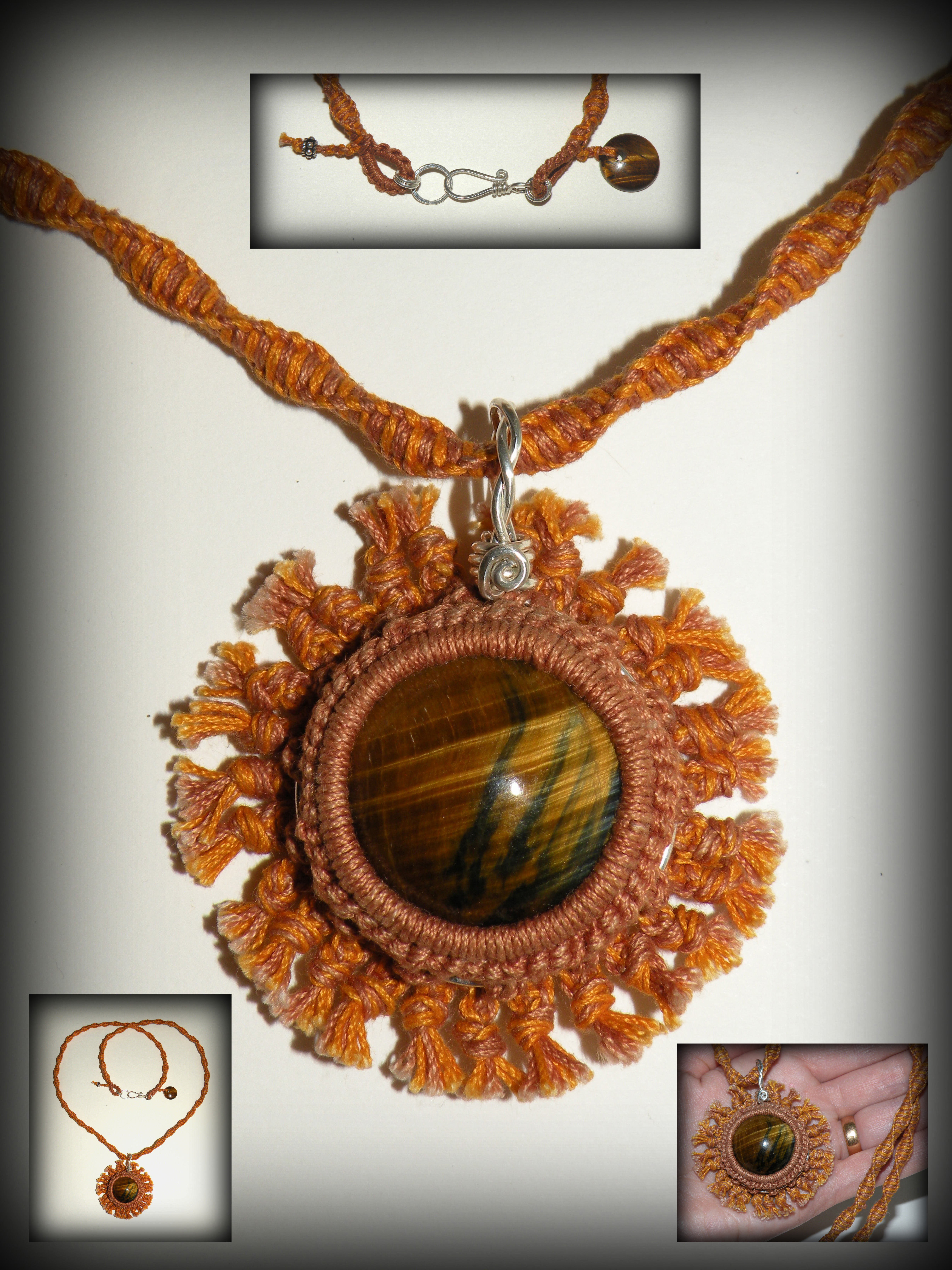 Tiger-eye, macrame and Sterling silver necklace