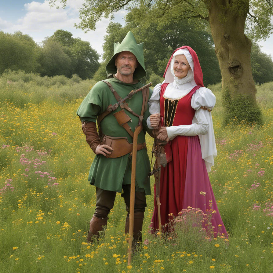Maid Marian and Robin Hood standing in floral me