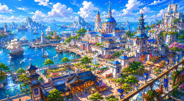 A vibrant coastal fantasy cityscape