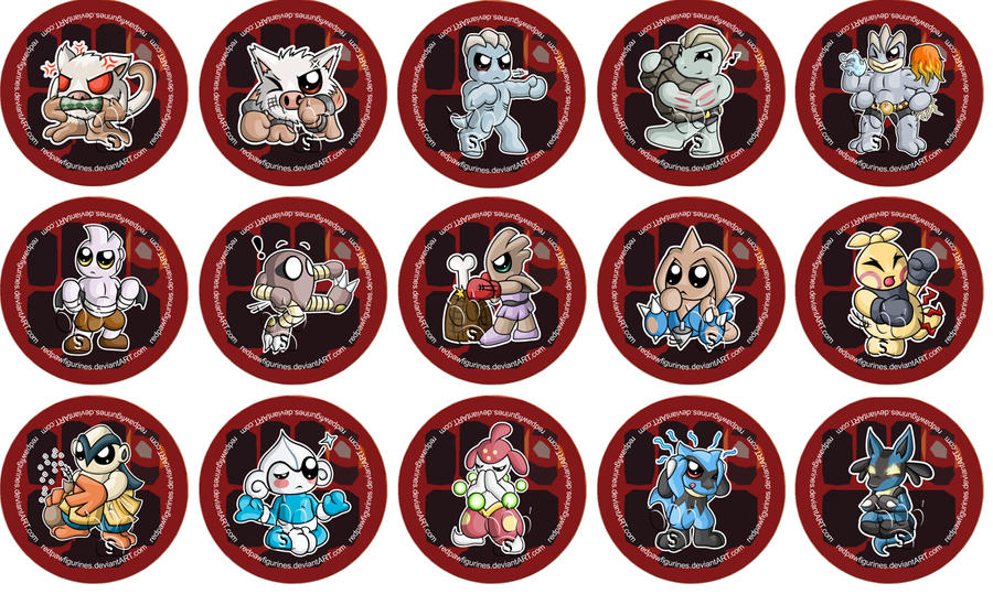 Fighting Type Pokemon Chibi Badges by RedPawDesigns
