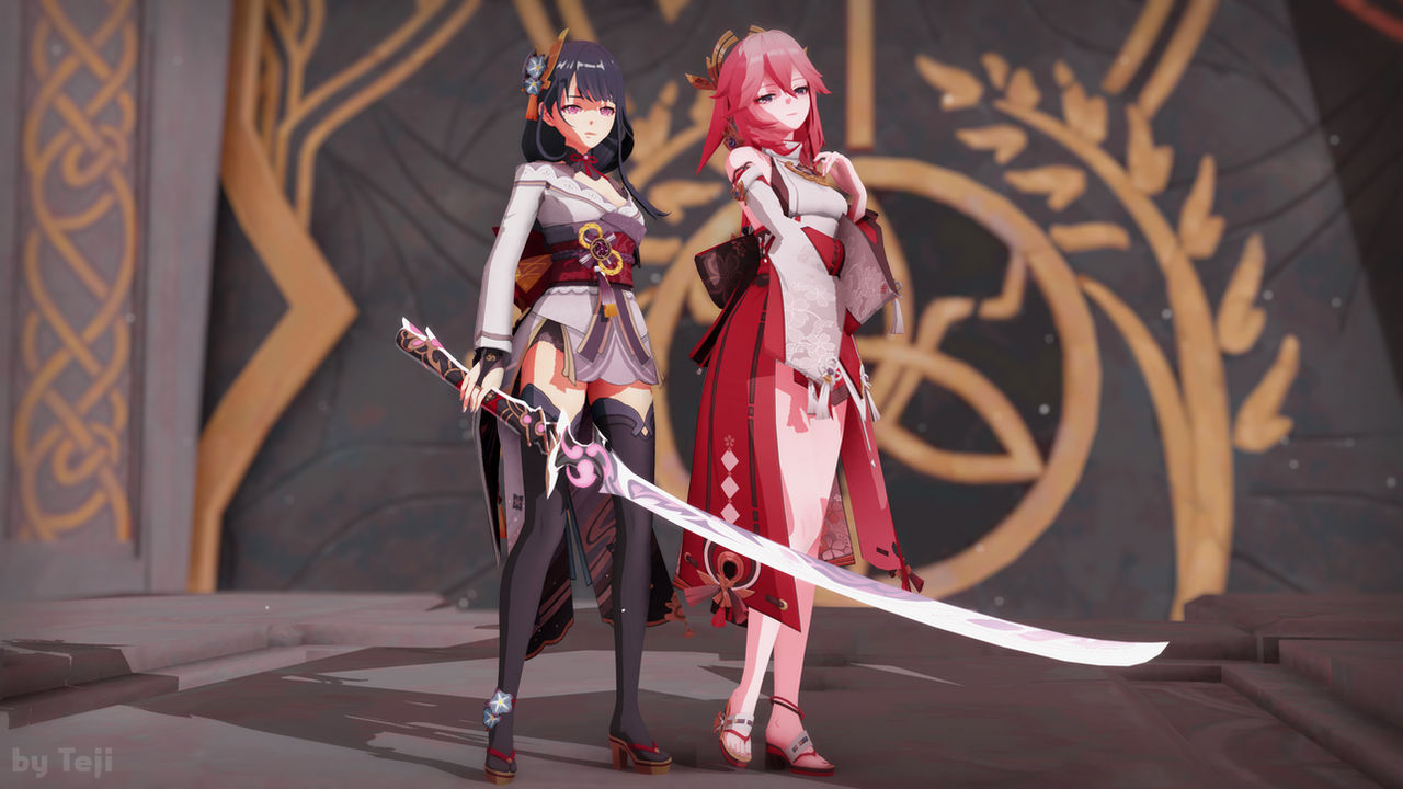 Yae Miko and Raiden Shogun genshin impact mmd art by Tejinaraa on