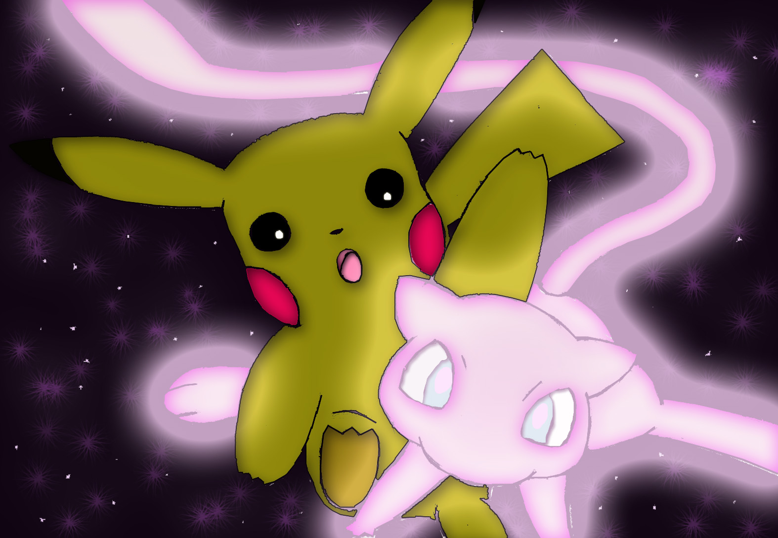 Pikachu surprised by Mew