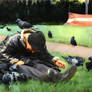 Homeless woman feeding birds