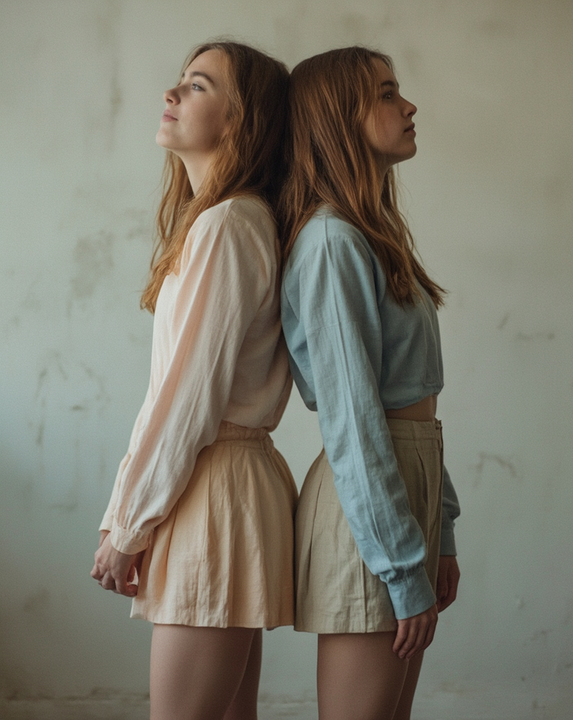 Posing back to back for vintage photography