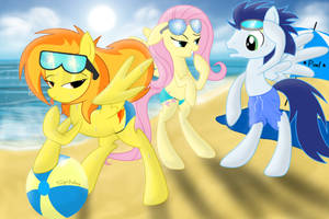 Spitfire...at the beach with Fluttershy and Soarin