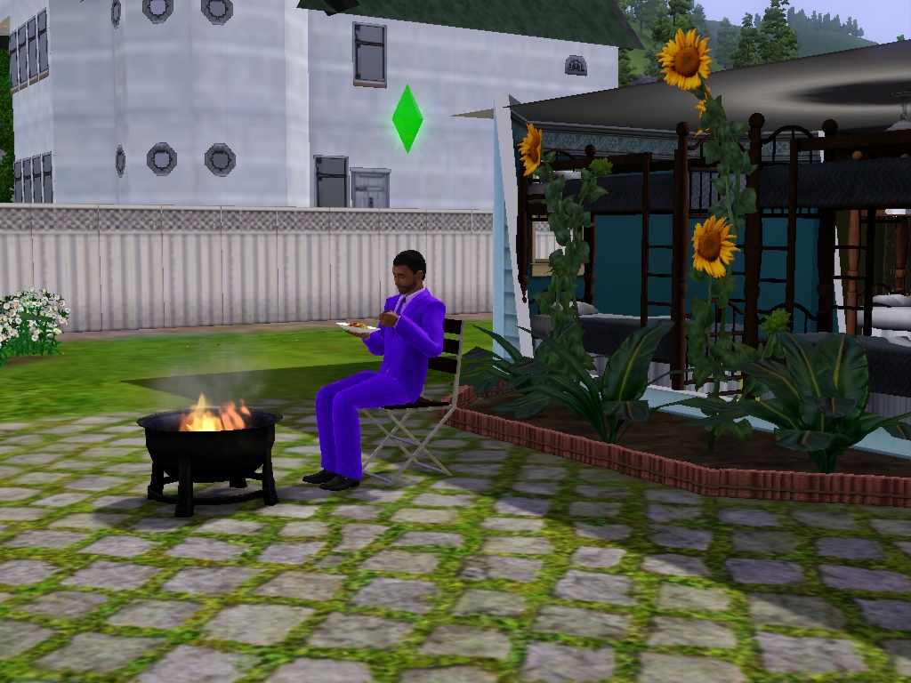 Sims 3 - Eugene eats breakfast by the fire pit