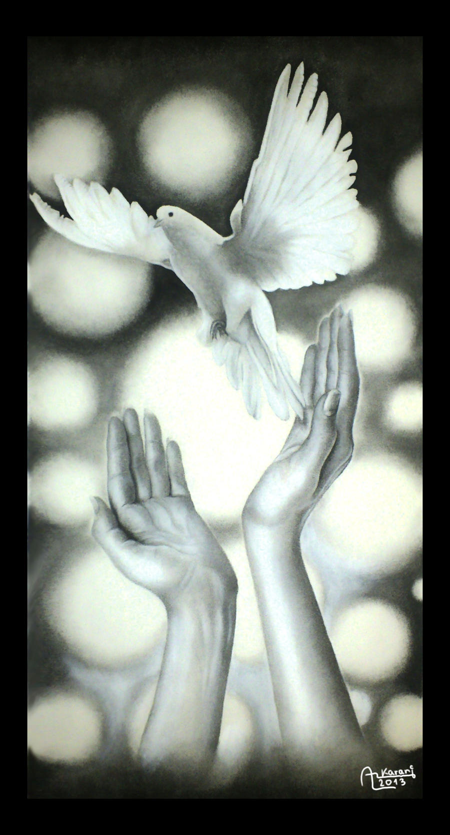 Hands and Pigeon charcoal drawing