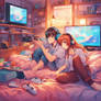 Couple gamer laying on bed while gaming 