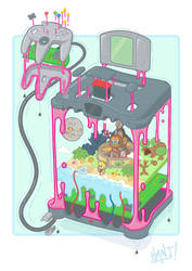 Illustration of an N64 pulled apart with a scene from Legend of Zelda: Majora's Mask between the top and bottom halves