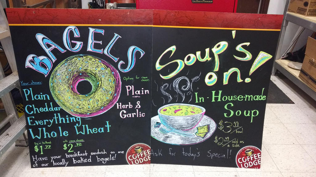 Coffee Lodge signs, bagels and soup