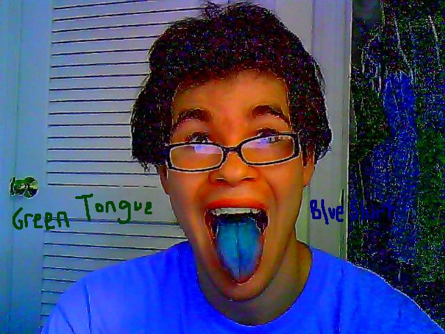 Green Tongue, Blue Shirt.