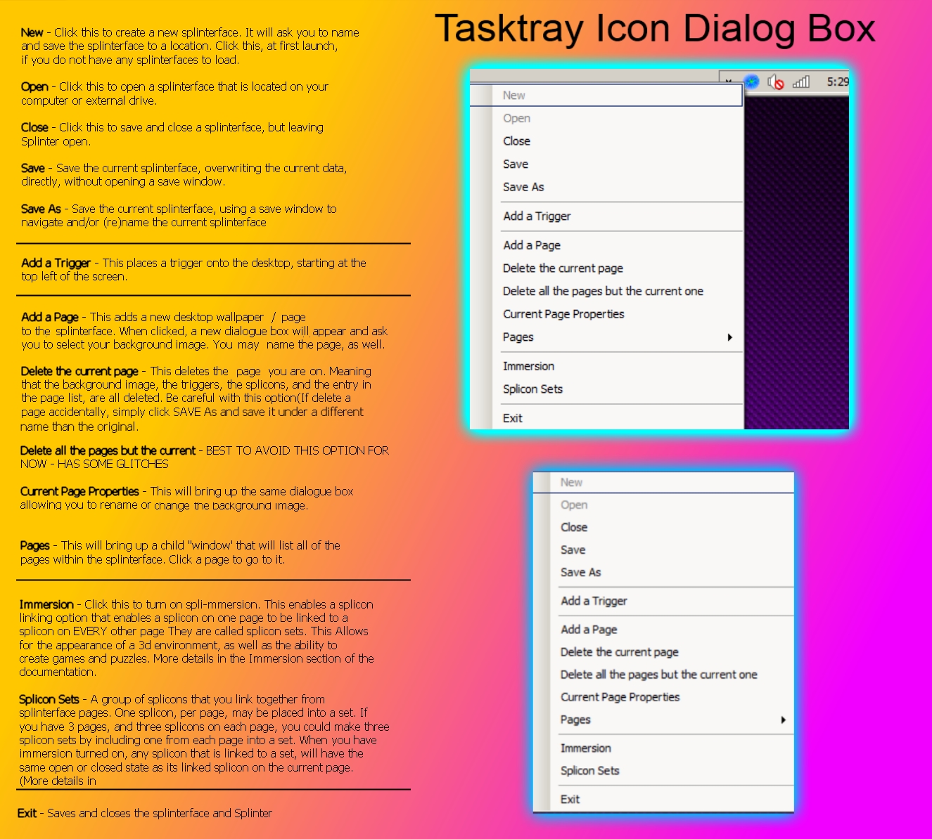 Splinter Task tray Icon Properties Dialog Box Doc