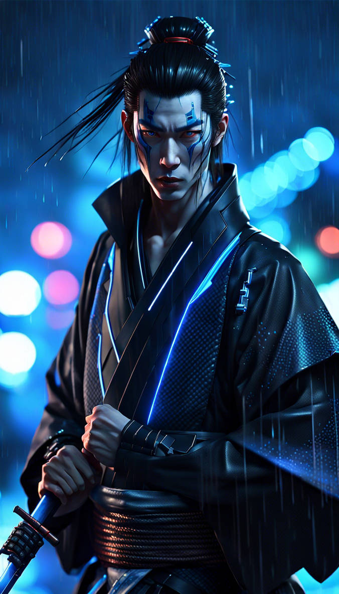 A calm and elegant Japanese cyber samurai standing