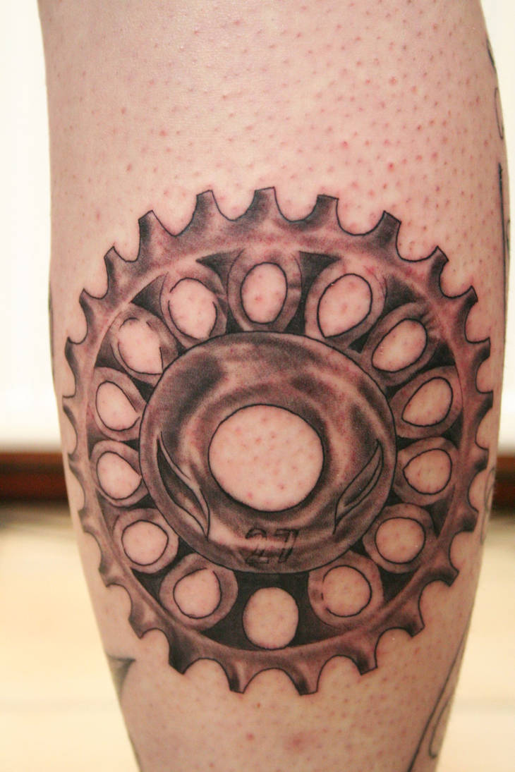bike sprocket mountains tattoo  Headless Hands Custom Tattoos