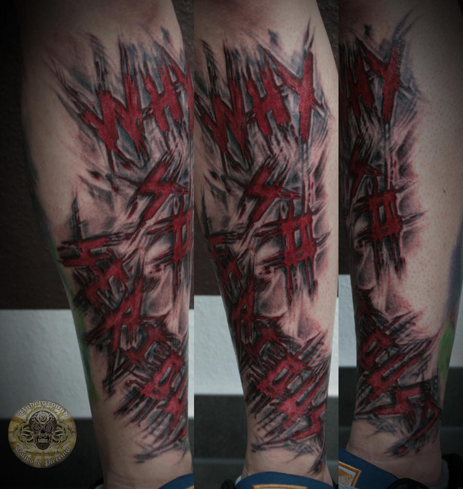 bloody scratchy sliced lettering tattoo in prog.