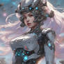 A cybernetic goddess who wears electronic ao dai a