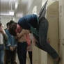 hanging wedgie in the student's filled corridors