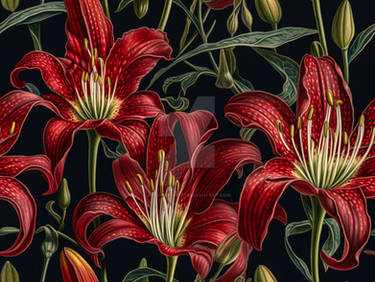 Red lily flowers illustration seamless pattern