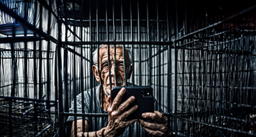Old man taking a selfie in his Cage