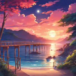 Night beach with full moon bridge