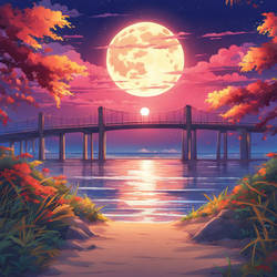 Night beach with full moon bridge