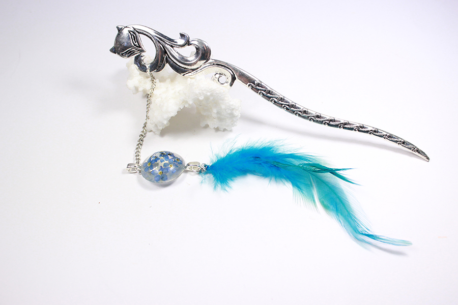 Blue Feather Fox  hair stick