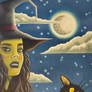 Witch and cat by moonlight