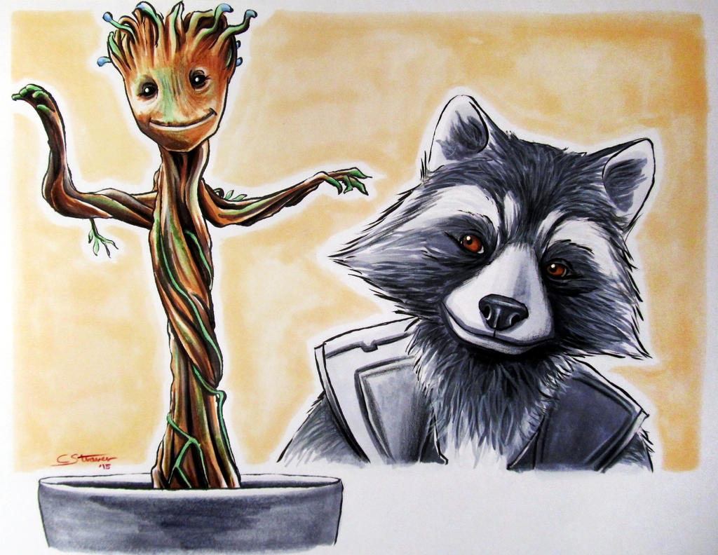 Baby Groot + Rocket Raccoon - GotG Fan Art Drawing