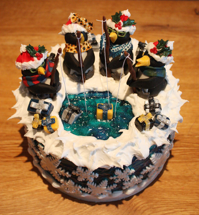 Present Fishing Penguin Christmas Cake