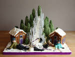 Ski Slope Cake with Gingerbread Chalets
