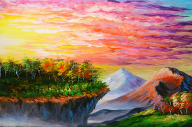 How to paint sunset, cliff, trees, and mountains by beejay-artlife12